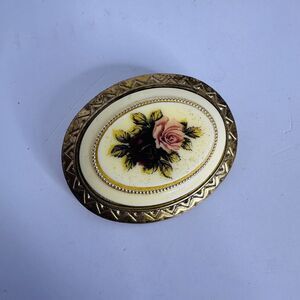 Vintage Gold Tone Enamel Roses Brooch Pin‎ Pendant